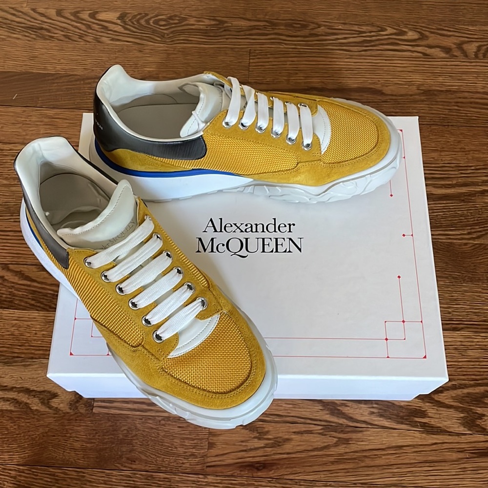 Mens Alexander McQueen Court Textile/Leather Sneakers Yellow/Blue 42 US 9